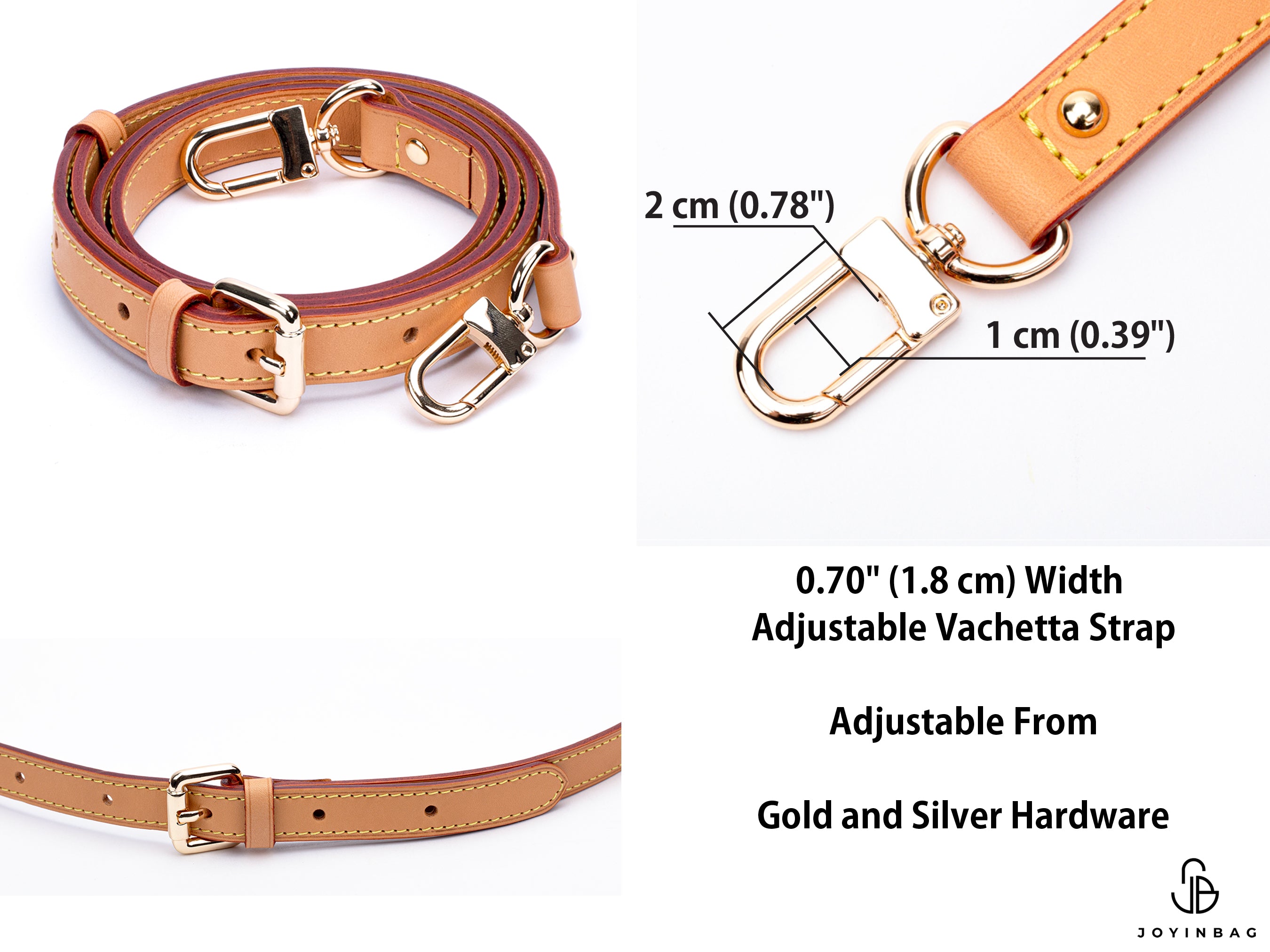 honey vachetta leather strap with gold hardware and measurements on a white background