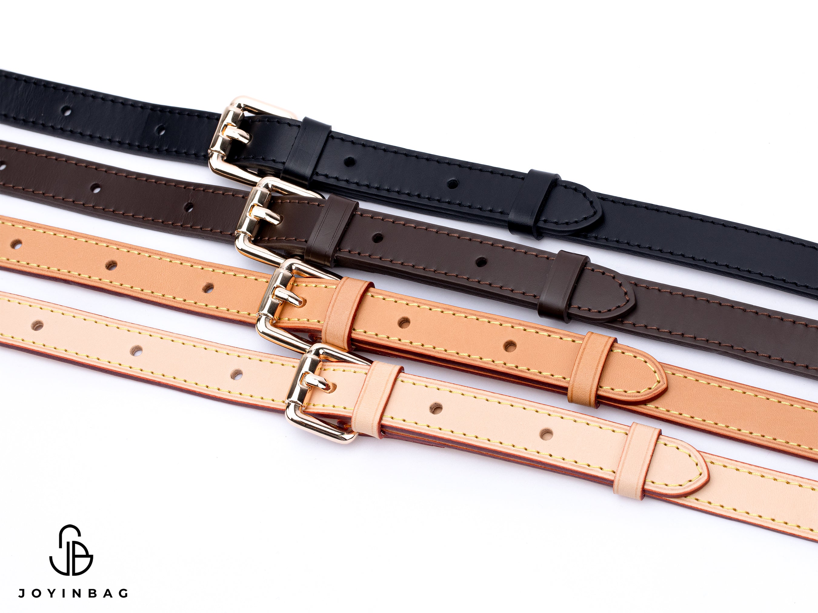 A collection of adjustable Vachetta leather straps in black, dark brown, and beige, displayed side by side with buckle closures.