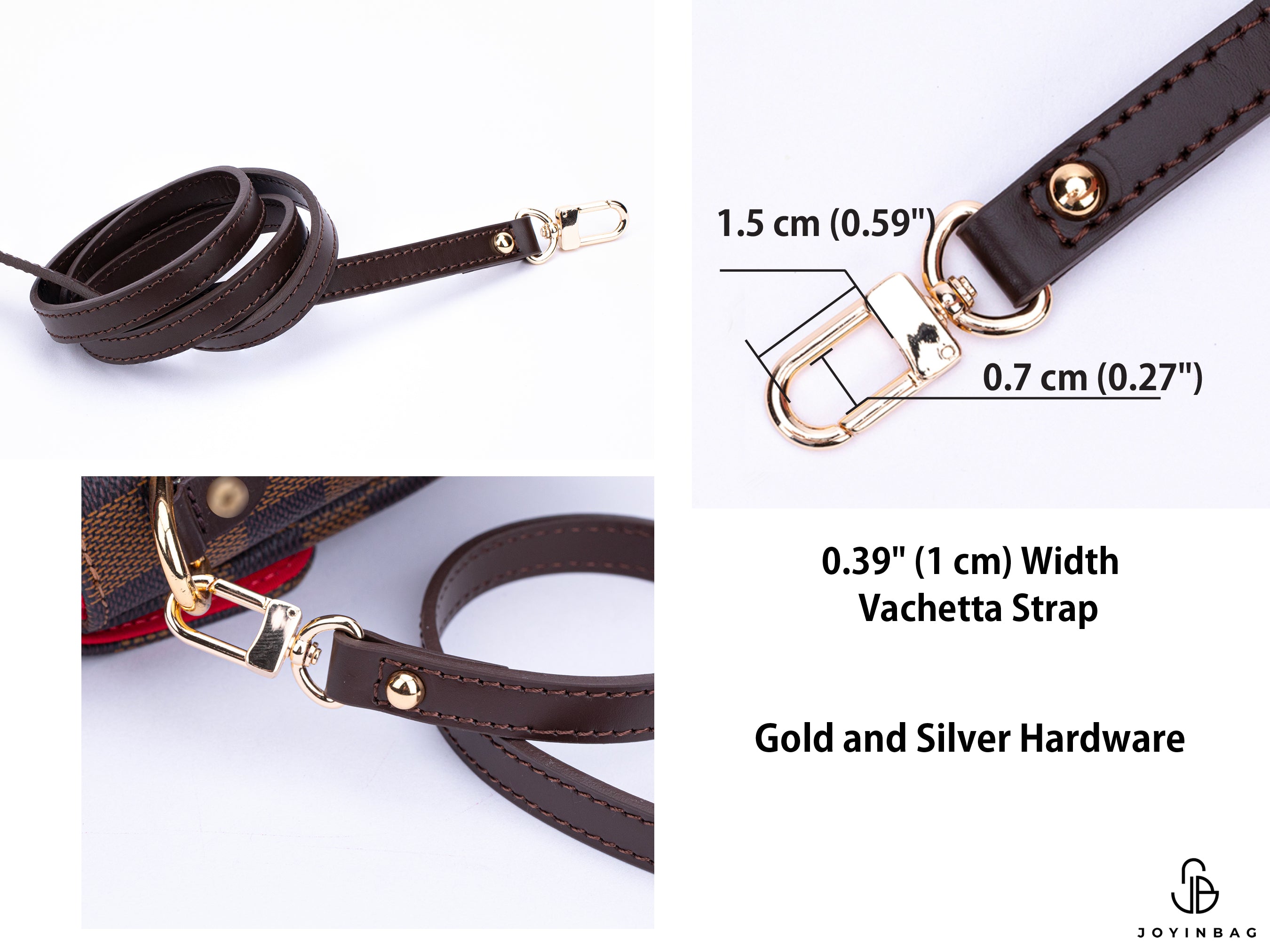 The dimensions of the metal piece and the width of the strap are shown on dark brown vachetta leather. It is stated that there are gold and silver hardware options.
