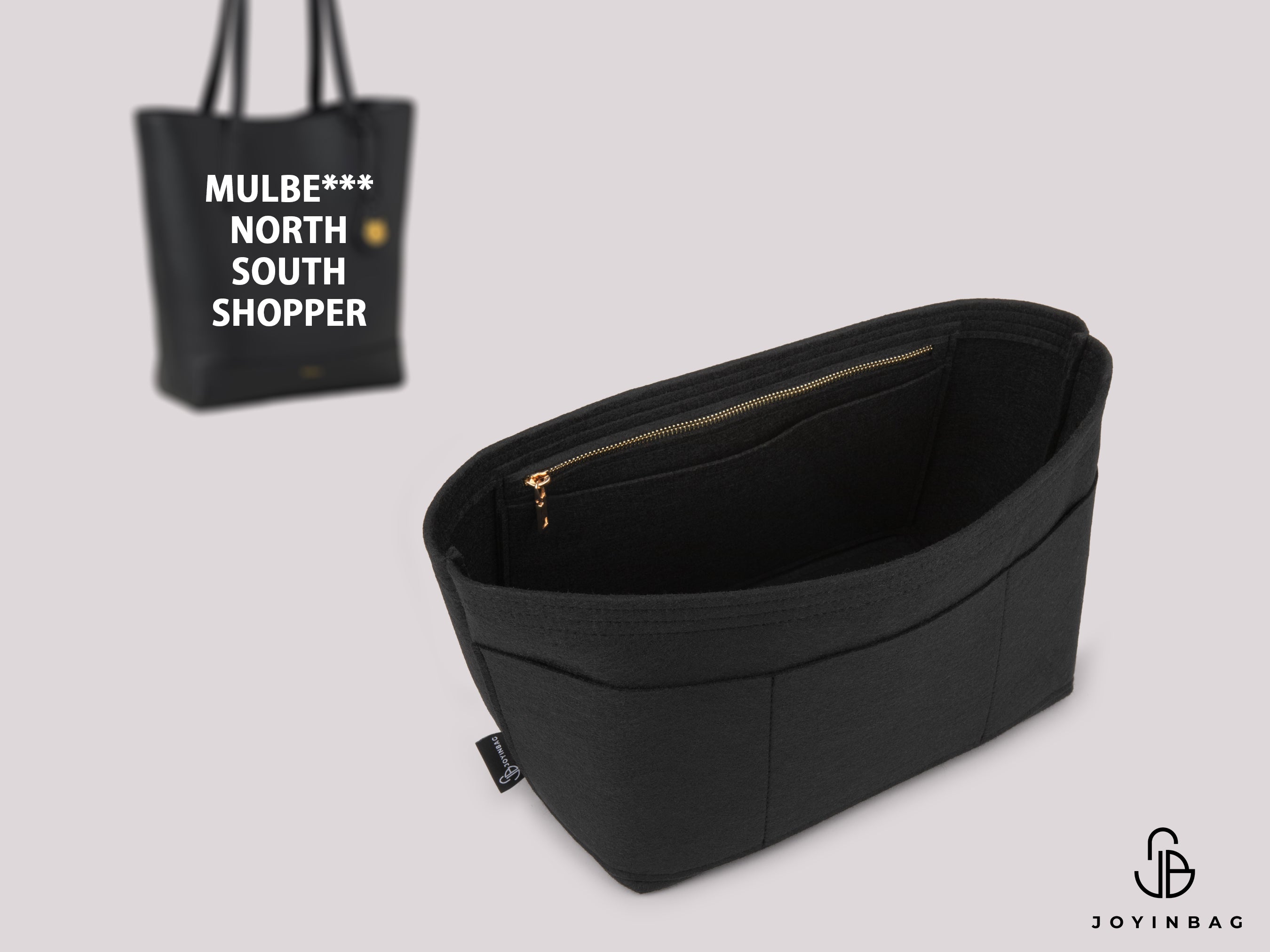 Mulberry North South Shopping Bag Organizer – 5 Inside and 3 Exterior Pockets, Gold/Silver Zipper Options