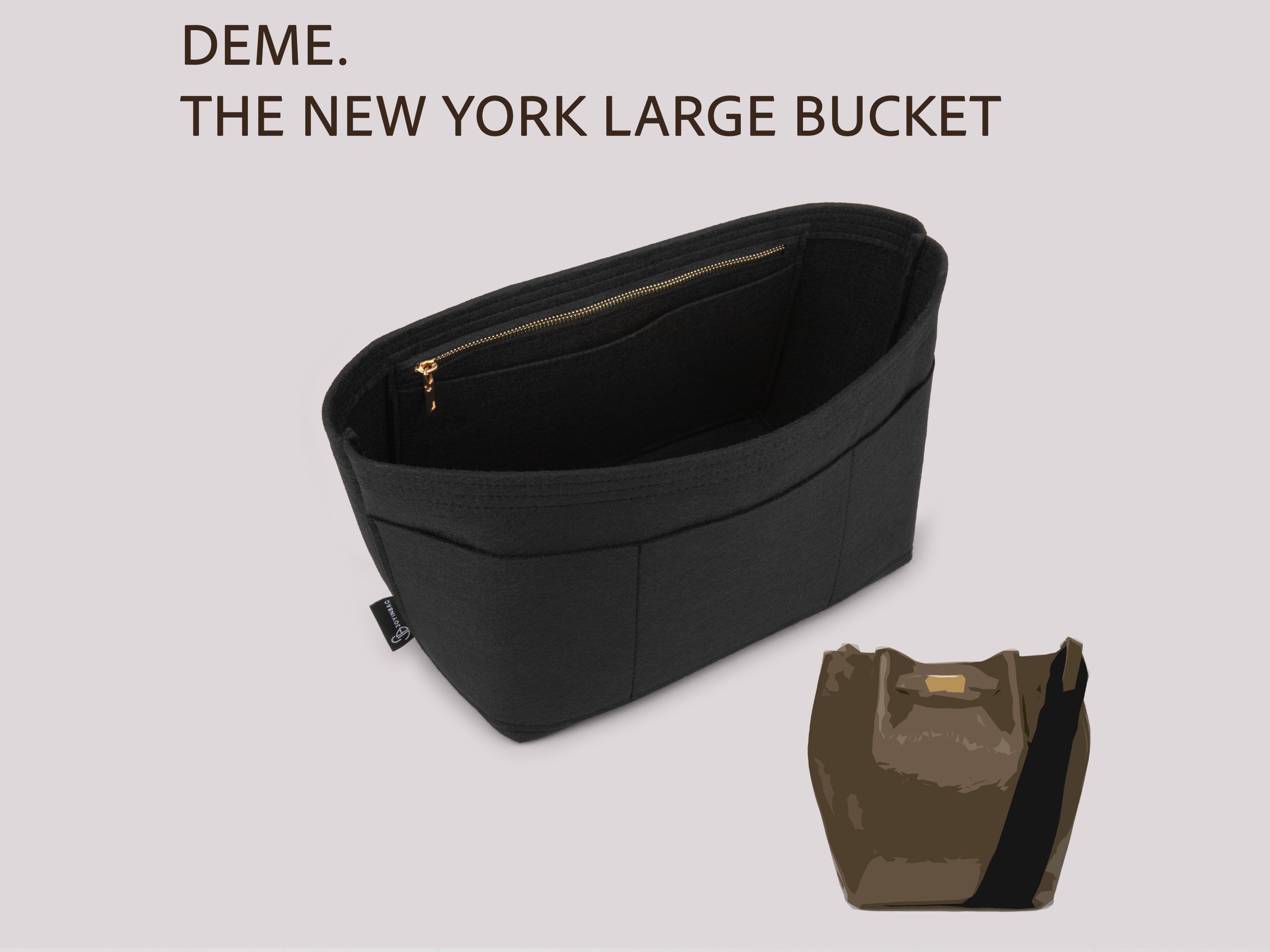 DeMellier New York Large Bucket Felt Bag Organizer with Zipper Pocket