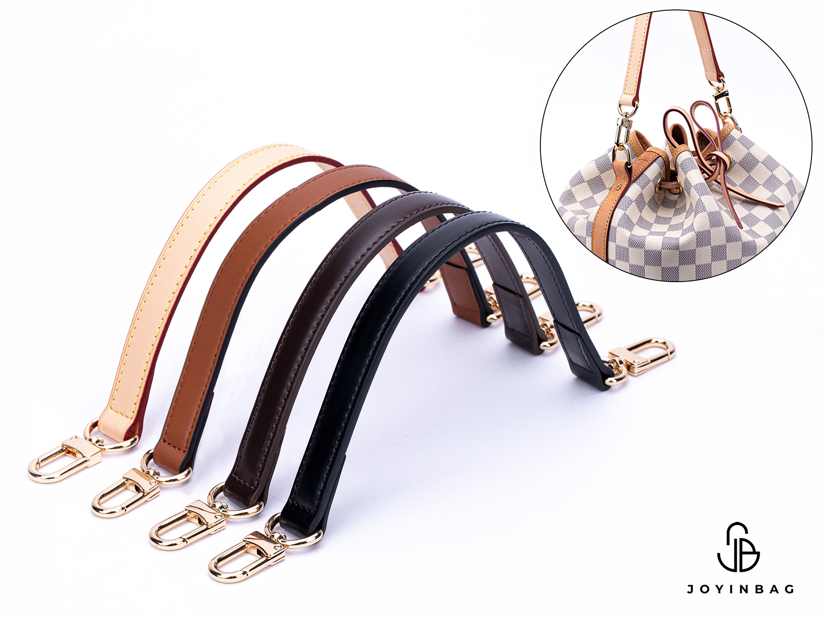 A selection of top handle shoulder straps in various colors including beige, brown, black, and dark brown, displayed alongside a inset image showing the strap attached to a handbag