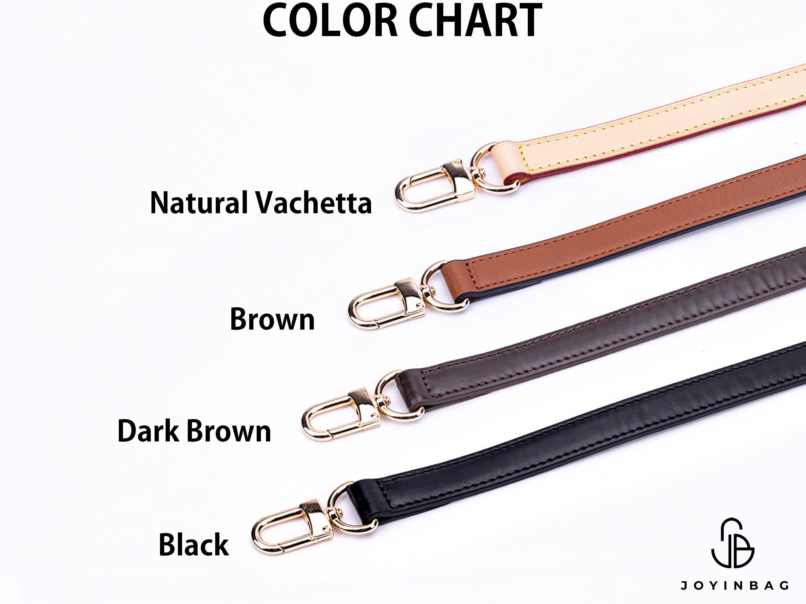 Chart showing vachetta leather straps available in beige, brown, black, and dark brown