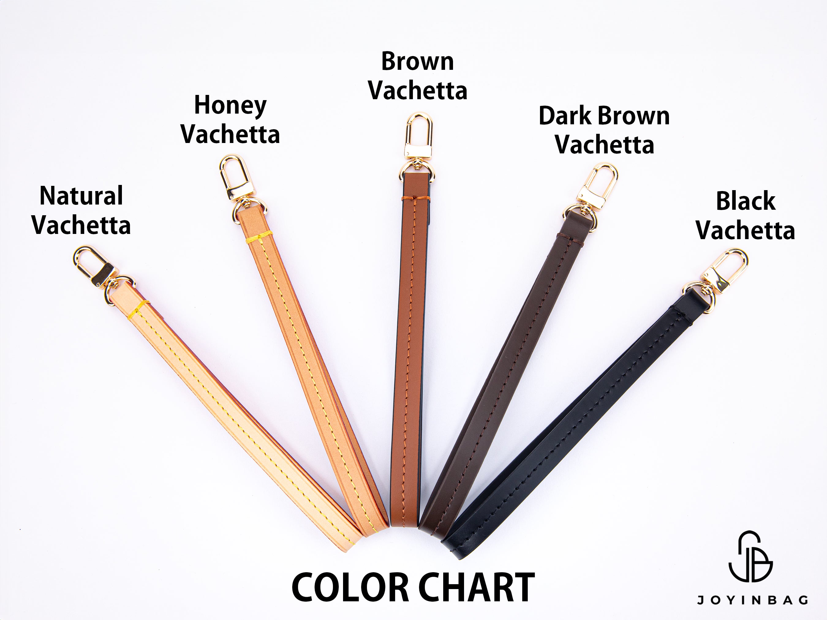A chart showing the vachetta leather straps available in natural, honey, brown, dark brown, and black.