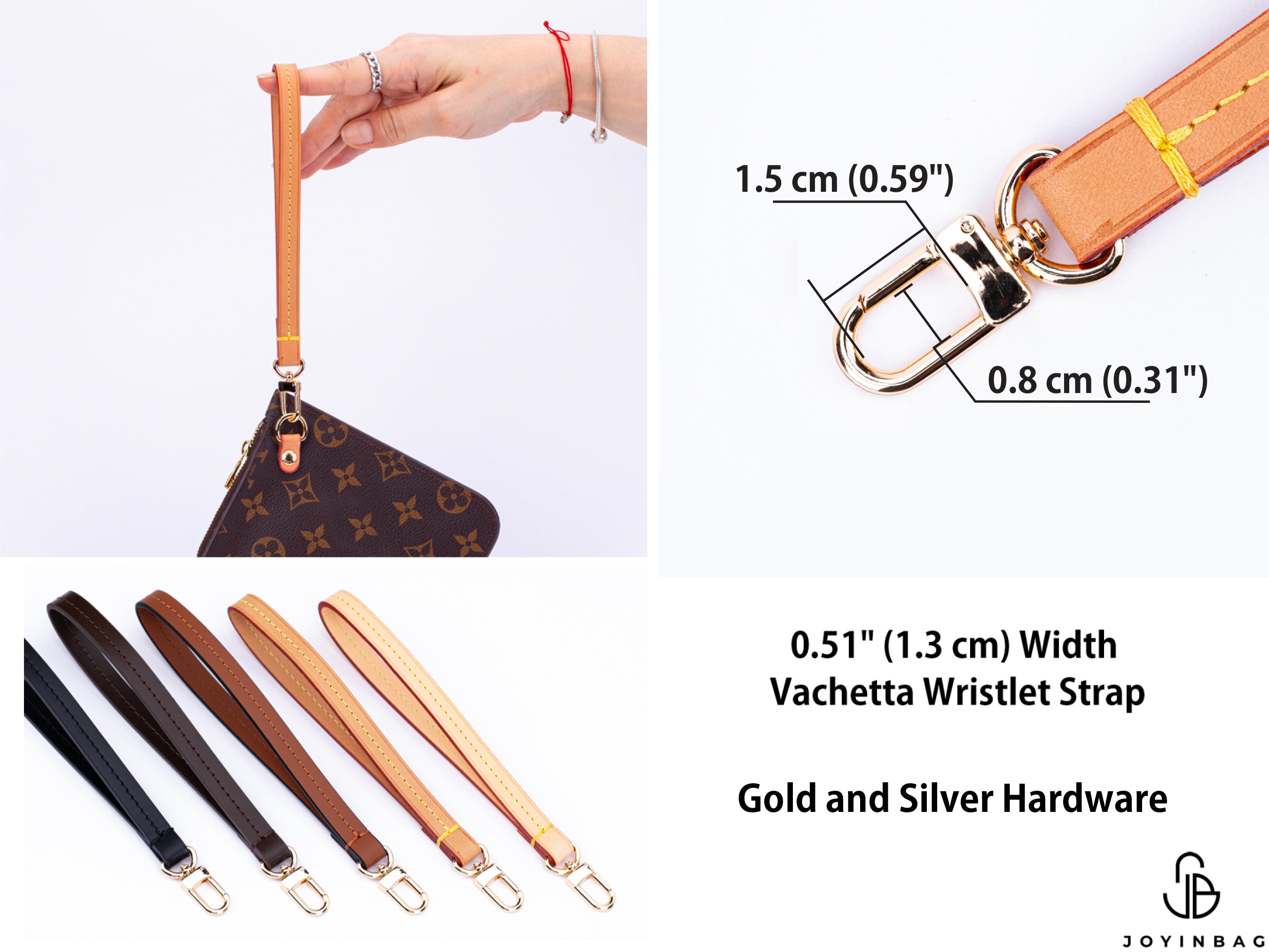Vachetta wristlet strap with gold and silver hardware, shown with a hand holding it and close-up measurements.