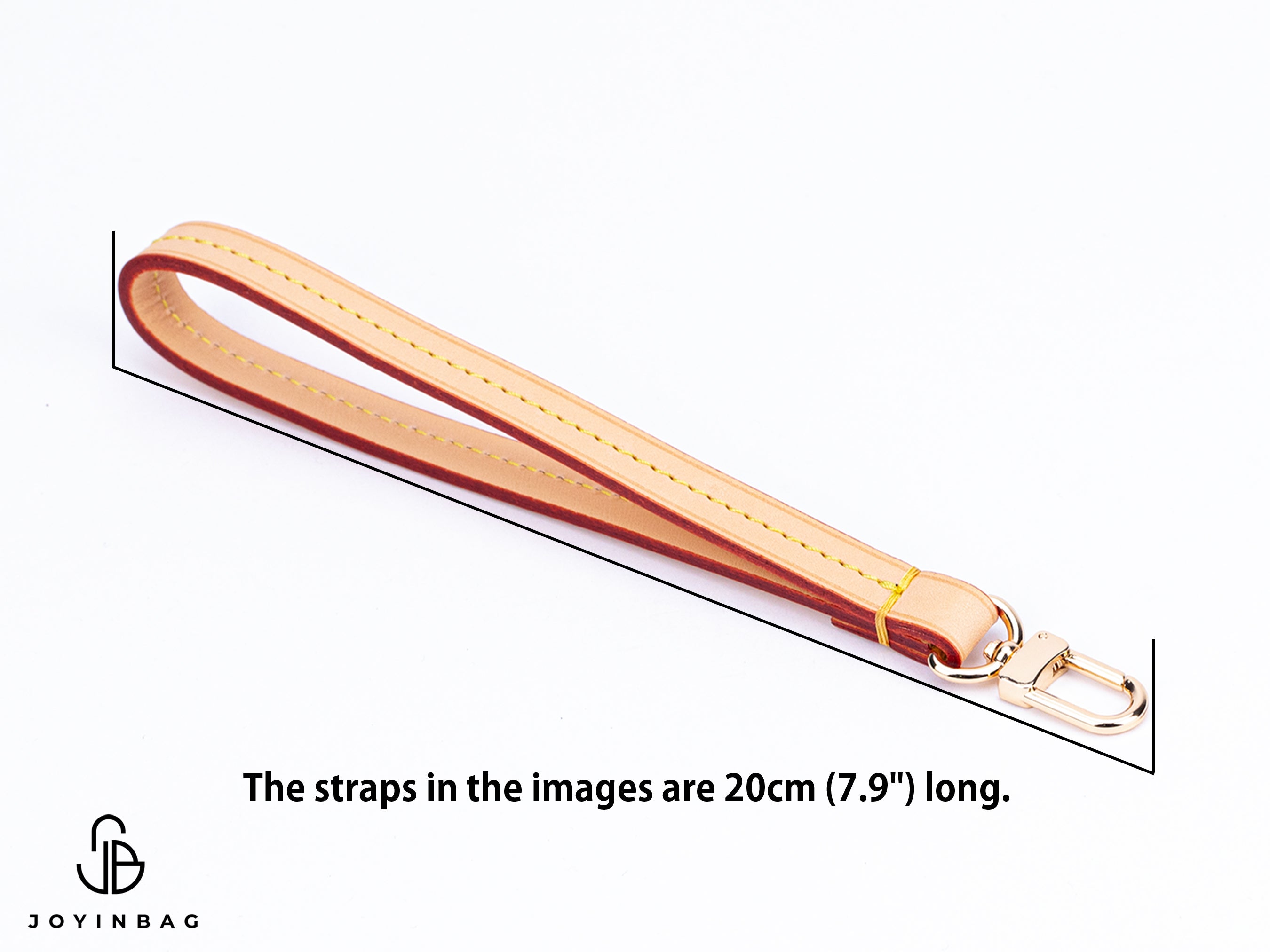 Leather strap with gold hardware on a white background, featuring JOYINBAG branding.